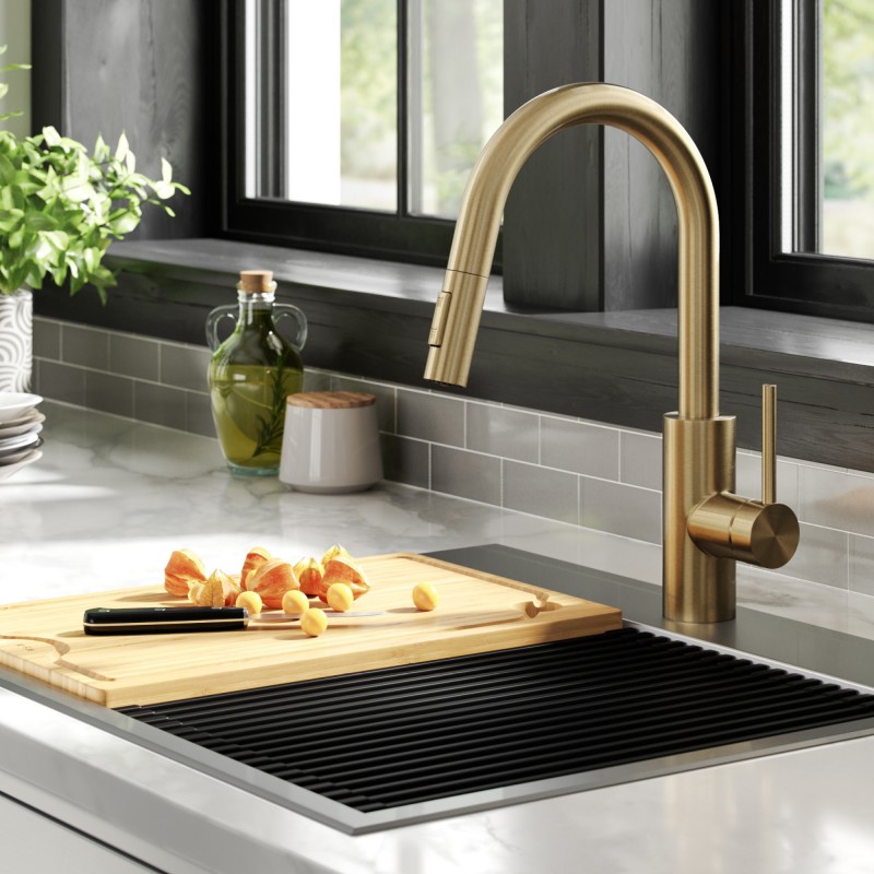 Oletto™ Pull-Down Single Handle Kitchen Faucet with QuickDock Top Mount Installation Assembly in Spot Free Antique Champagne Bronze