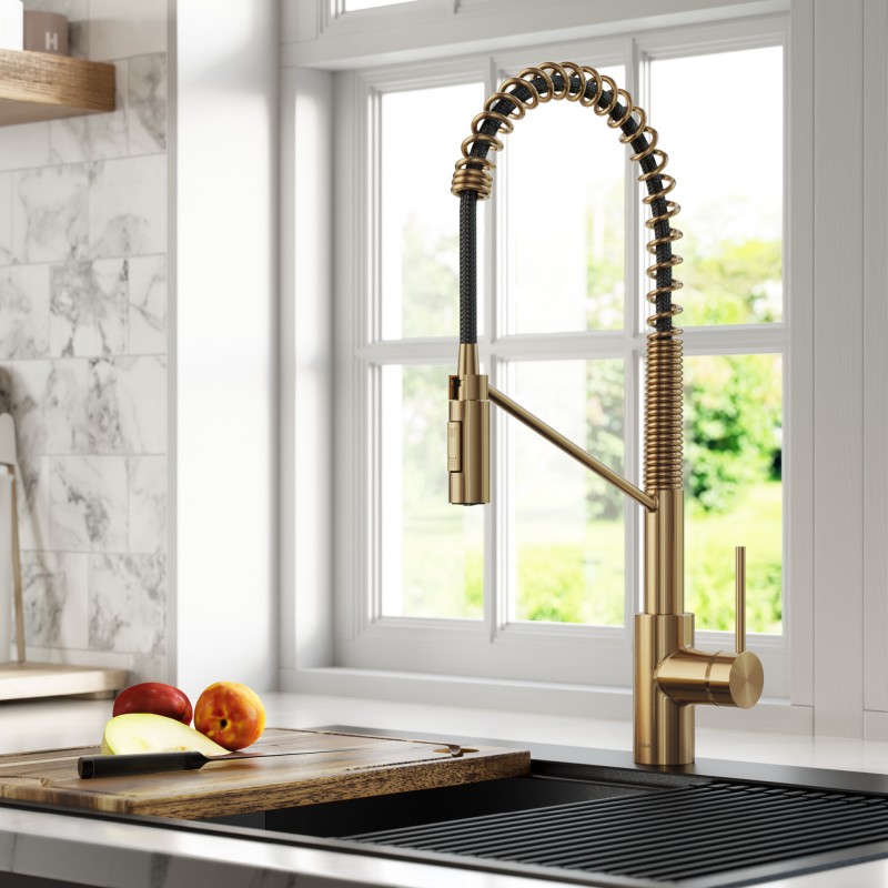 Oletto™ Commercial Style Pull-Down Single Handle Kitchen Faucet with QuickDock Top Mount Installation Assembly in Brushed Brass