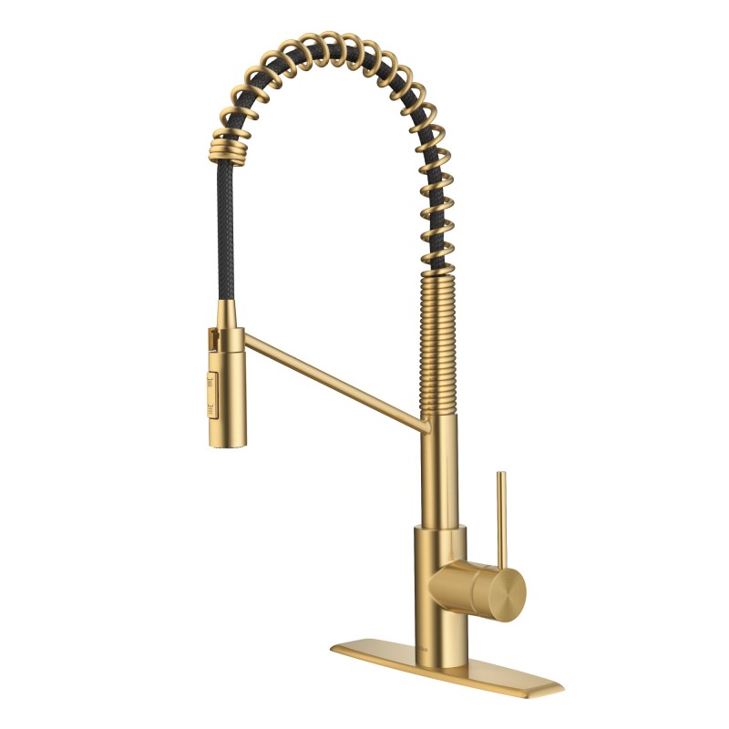 Oletto™ Commercial Style Pull-Down Single Handle Kitchen Faucet with QuickDock Top Mount Installation Assembly in Brushed Brass