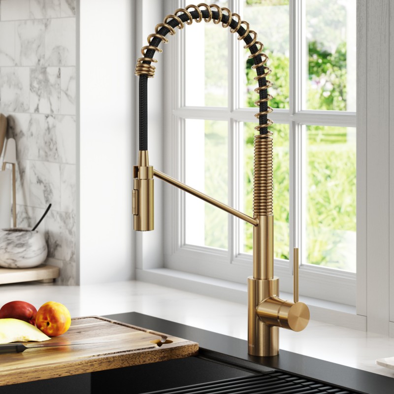 Oletto™ Commercial Style Pull-Down Single Handle Kitchen Faucet with QuickDock Top Mount Installation Assembly in Brushed Brass