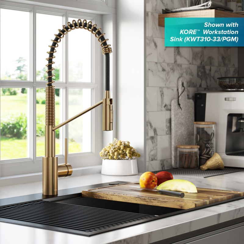 Oletto™ Commercial Style Pull-Down Single Handle Kitchen Faucet with QuickDock Top Mount Installation Assembly in Brushed Brass