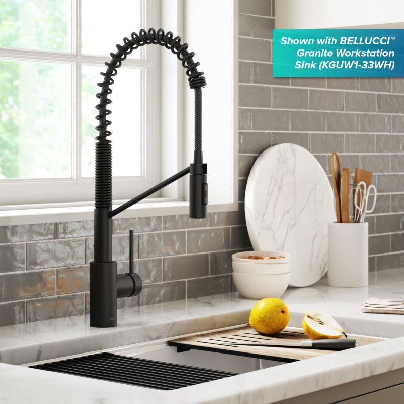 Oletto™ Commercial Style Pull-Down Single Handle Kitchen Faucet with QuickDock Top Mount Installation Assembly in Matte Black