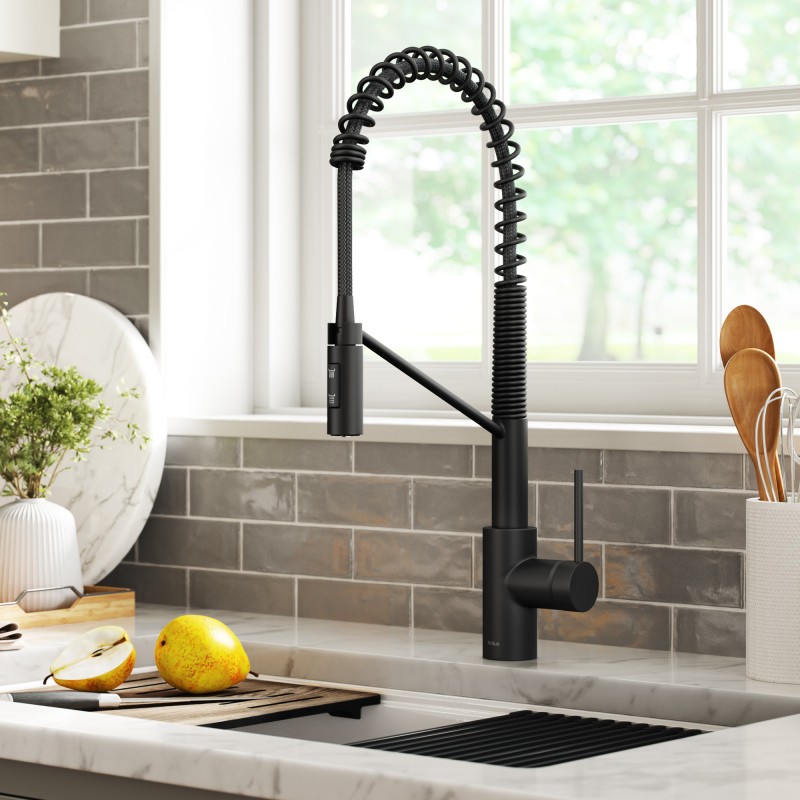 Oletto™ Commercial Style Pull-Down Single Handle Kitchen Faucet with QuickDock Top Mount Installation Assembly in Matte Black