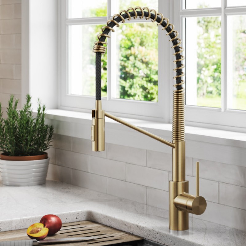 Oletto™ Commercial Style Pull-Down Single Handle Kitchen Faucet with QuickDock Top Mount Installation Assembly in Spot Free Antique Champagne Bronze