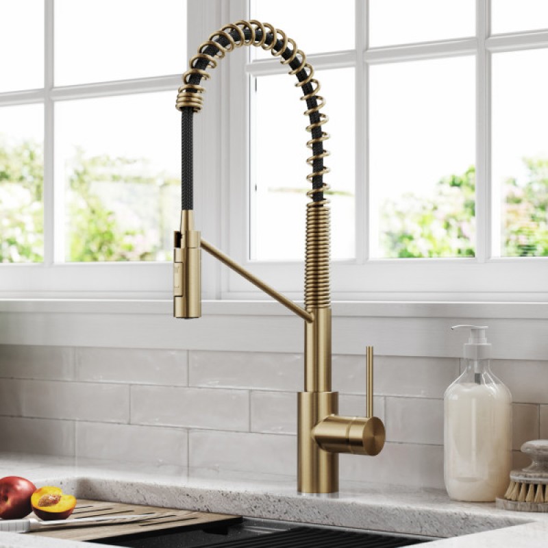 Oletto™ Commercial Style Pull-Down Single Handle Kitchen Faucet with QuickDock Top Mount Installation Assembly in Spot Free Antique Champagne Bronze