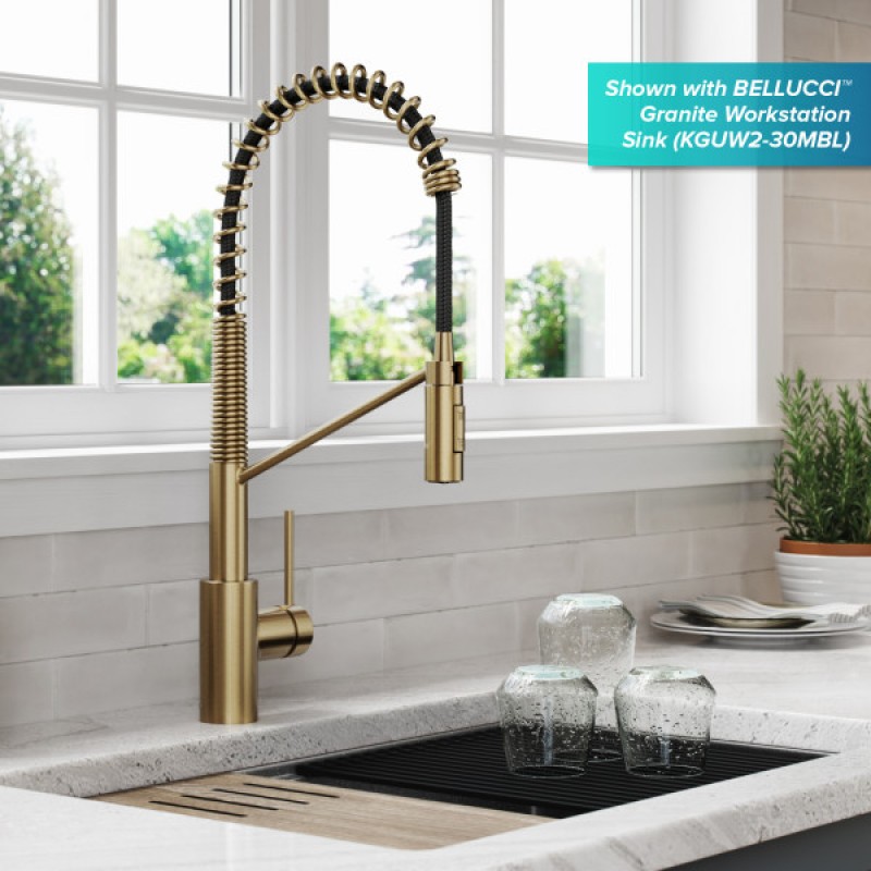 Oletto™ Commercial Style Pull-Down Single Handle Kitchen Faucet with QuickDock Top Mount Installation Assembly in Spot Free Antique Champagne Bronze