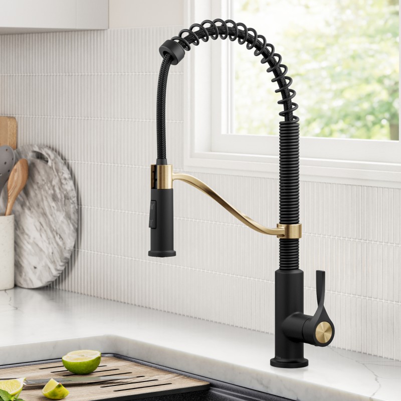 Torak™ Commercial Style 2-Function Single Handle Pull Down Kitchen Faucet in Spot-Free Brushed Brass / Matte Black