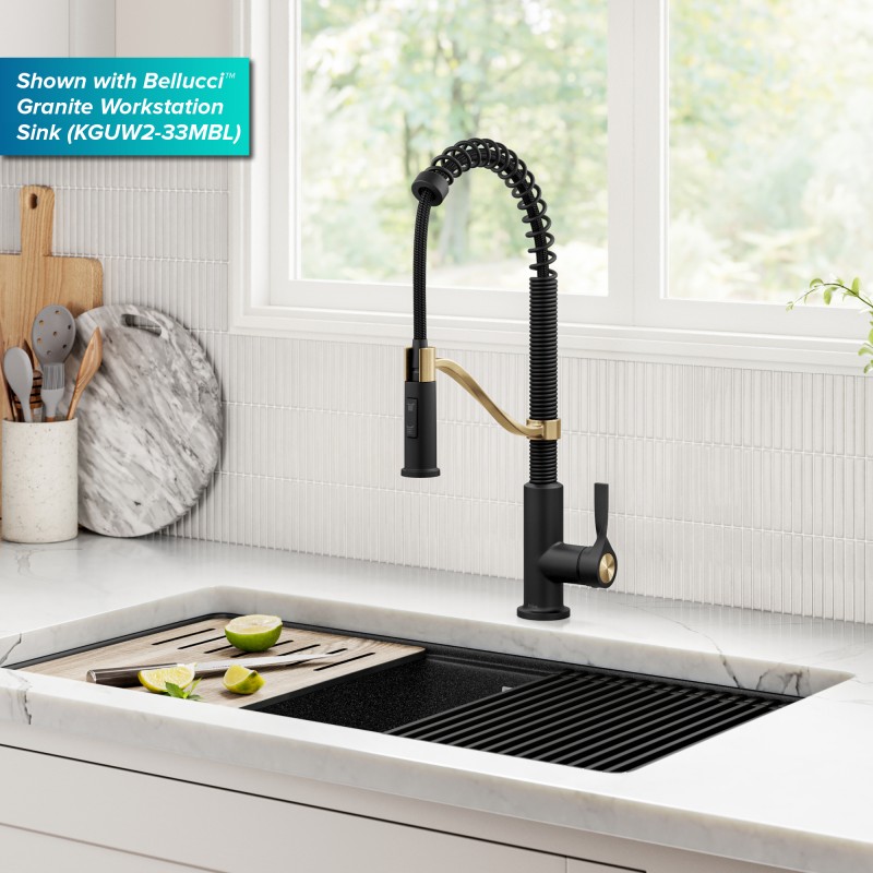 Torak™ Commercial Style 2-Function Single Handle Pull Down Kitchen Faucet in Spot-Free Brushed Brass / Matte Black