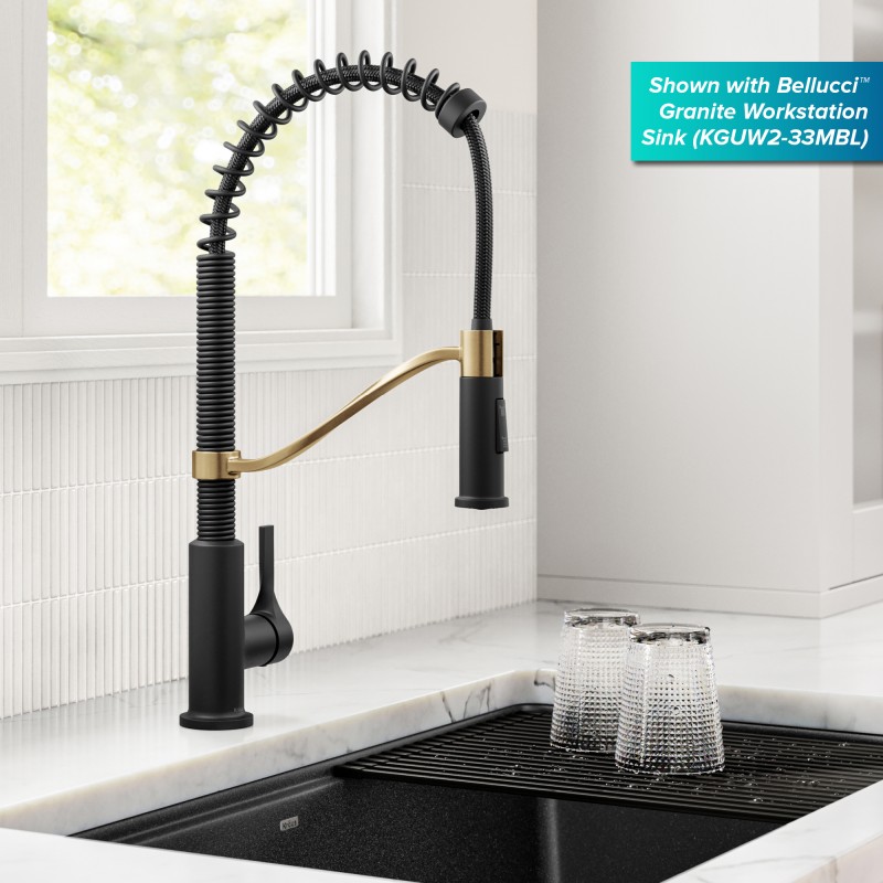 Torak™ Commercial Style 2-Function Single Handle Pull Down Kitchen Faucet in Spot-Free Brushed Brass / Matte Black