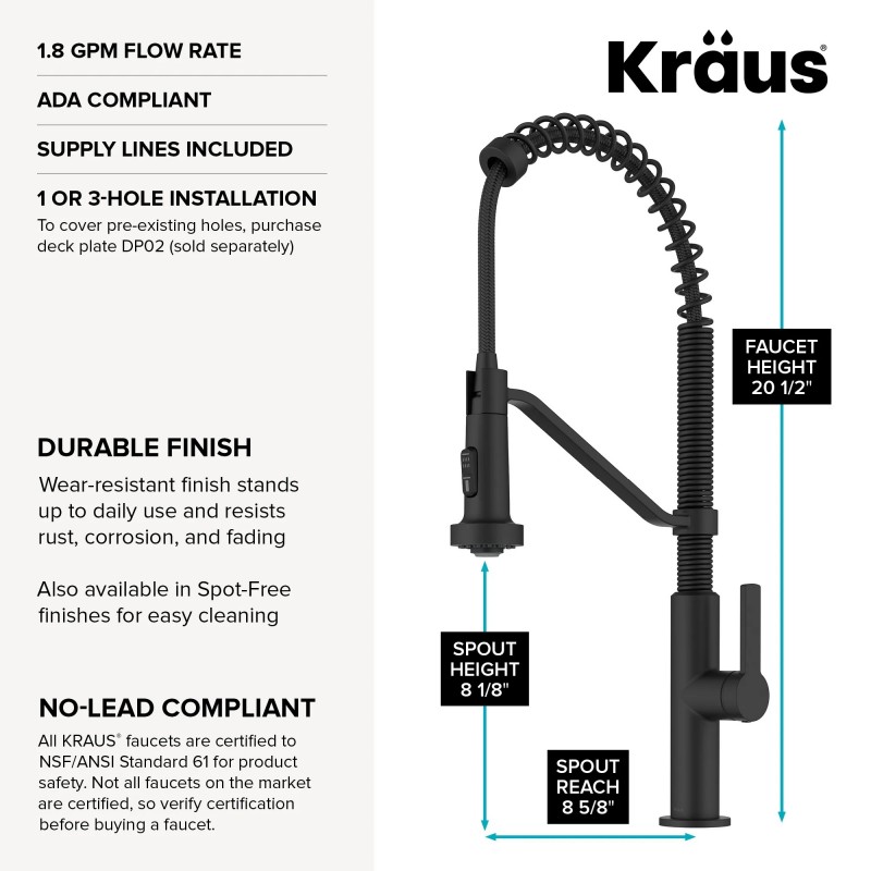 Oletto™ Commercial Style 2-Function Single Handle Pull Down Kitchen Faucet in Matte Black