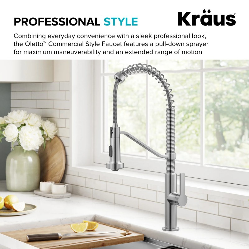 Oletto™ Commercial Style 2-Function Single Handle Pull Down Kitchen Faucet in Spot-Free Stainless Steel