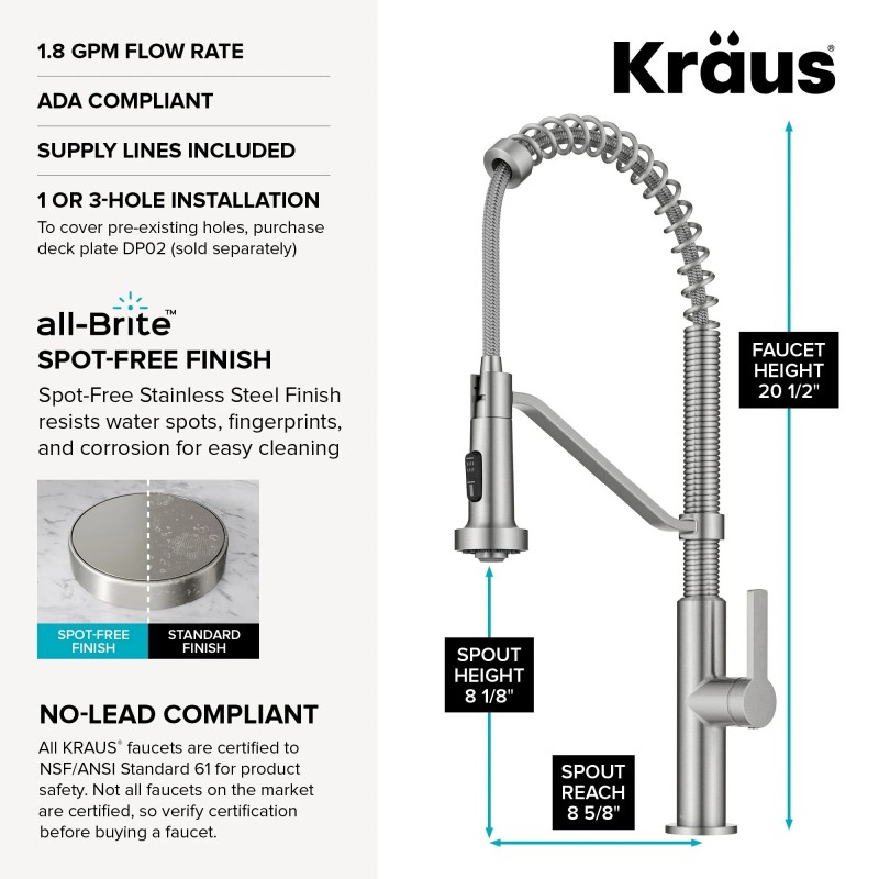 Oletto™ Commercial Style 2-Function Single Handle Pull Down Kitchen Faucet in Spot-Free Stainless Steel