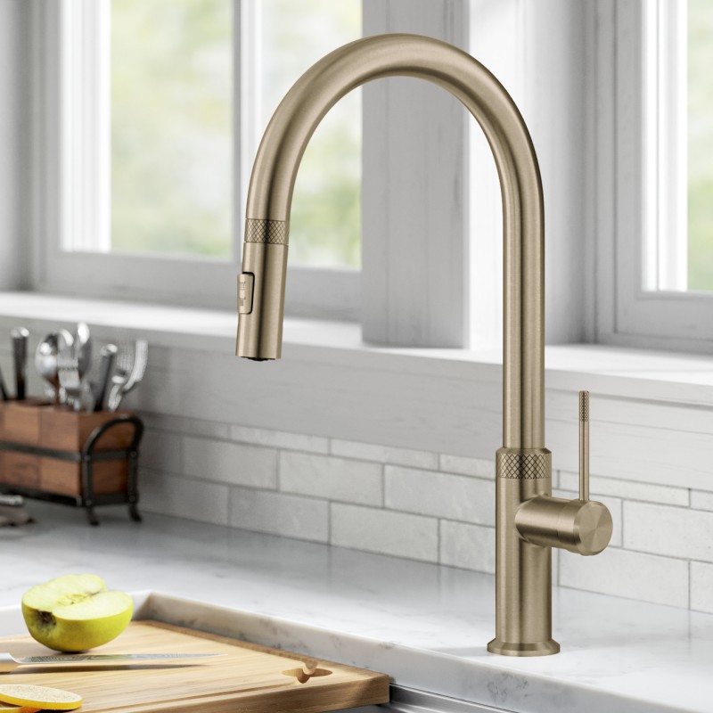 Allyn™ Modern Industrial Pull-Down Single Handle Kitchen Faucet in Brushed Gold