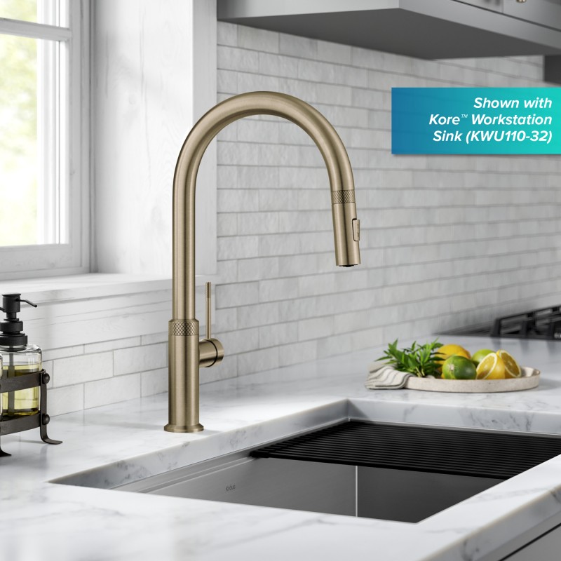 Allyn™ Modern Industrial Pull-Down Single Handle Kitchen Faucet in Brushed Gold