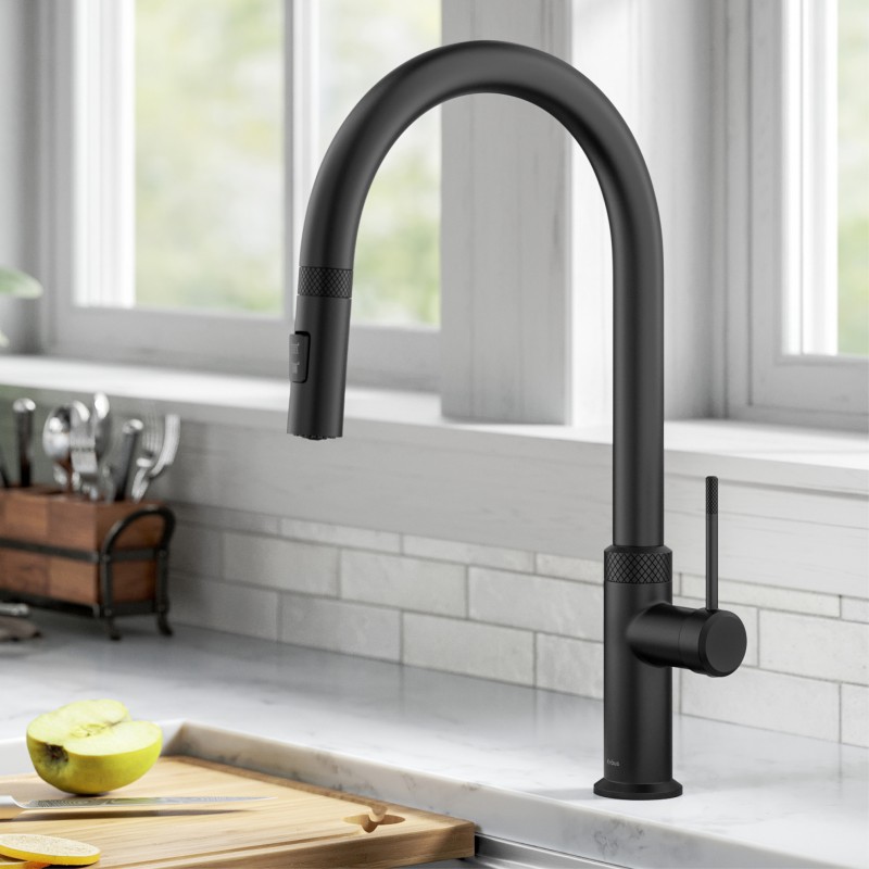 Allyn™ Modern Industrial Pull-Down Single Handle Kitchen Faucet in Matte Black