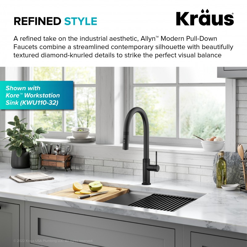 Allyn™ Modern Industrial Pull-Down Single Handle Kitchen Faucet in Matte Black