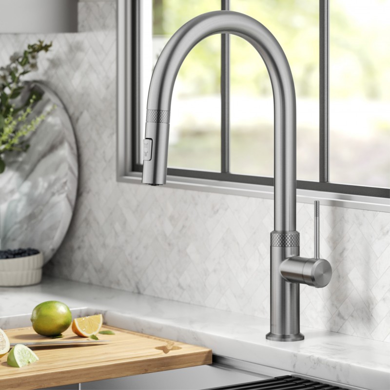 Allyn™ Modern Industrial Pull-Down Single Handle Kitchen Faucet in Spot Free Stainless Steel