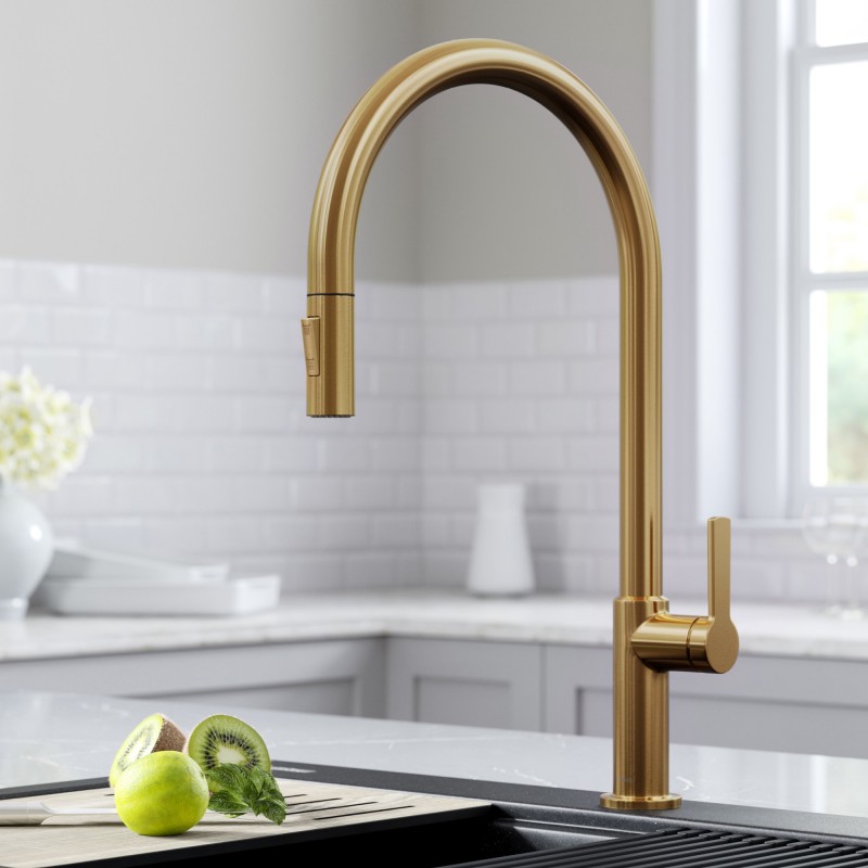 Oletto™ High-Arc Single Handle Pull-Down Kitchen Faucet in Brushed Brass