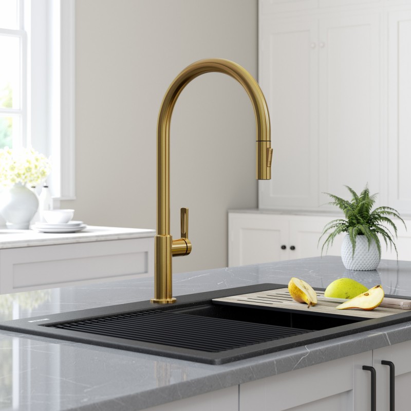 Oletto™ High-Arc Single Handle Pull-Down Kitchen Faucet in Brushed Brass