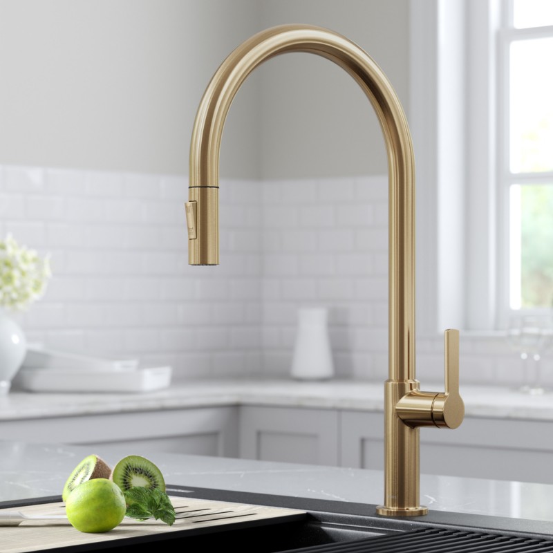 Oletto™ High-Arc Single Handle Pull-Down Kitchen Faucet in Spot Free Antique Champagne Bronze