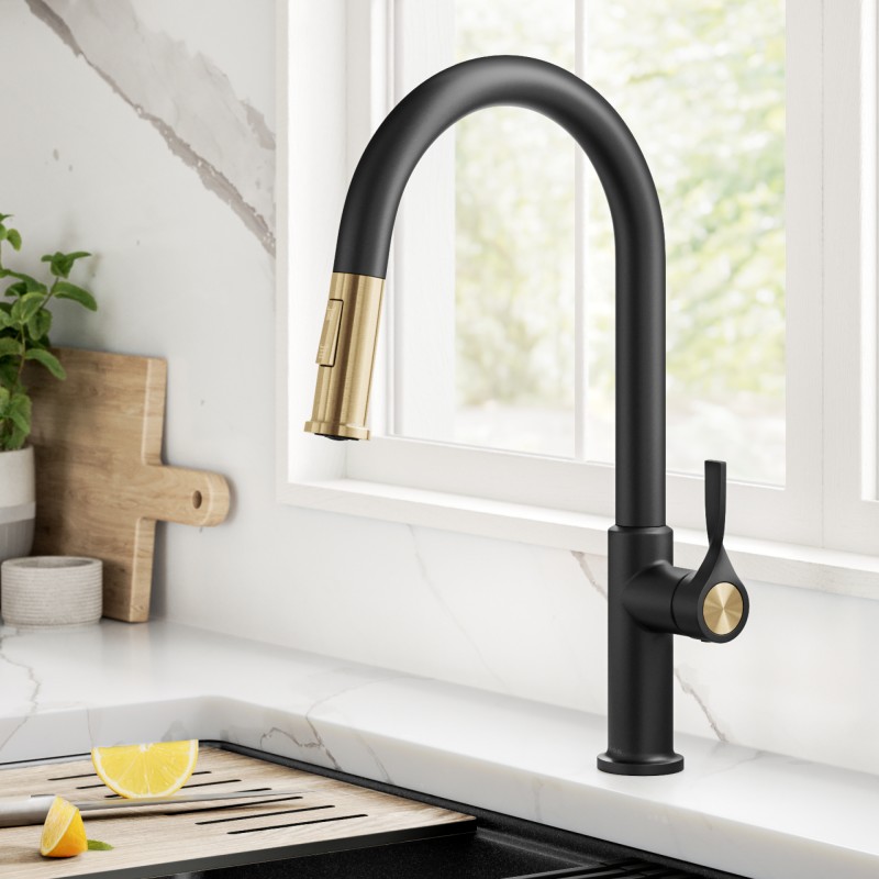 Torak™ 2-Function Single Handle Pull Down Kitchen Faucet in Spot-Free Brushed Brass / Matte Black