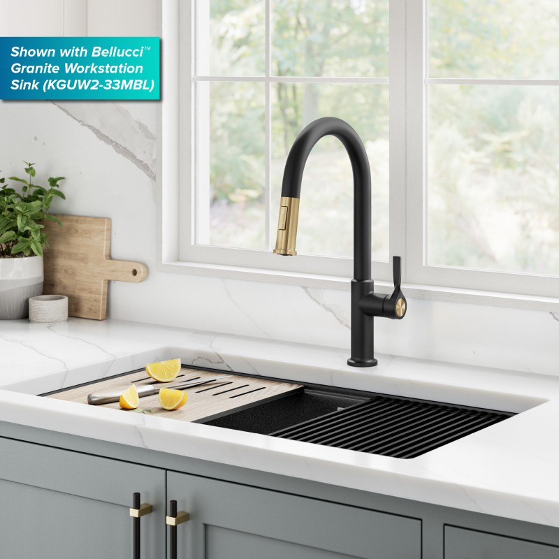 Torak™ 2-Function Single Handle Pull Down Kitchen Faucet in Spot-Free Brushed Brass / Matte Black
