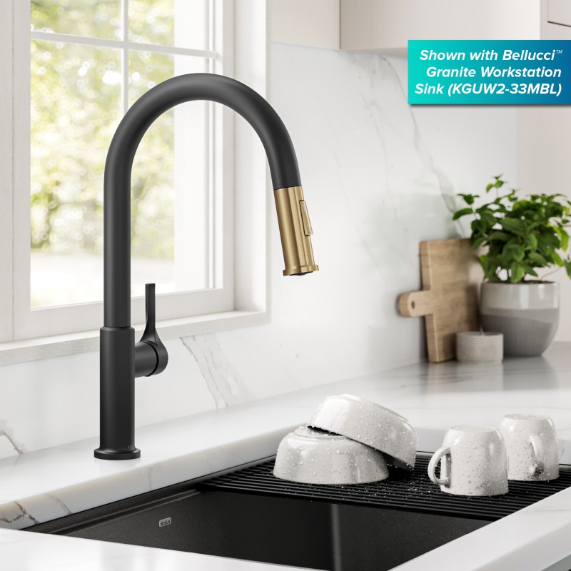 Torak™ 2-Function Single Handle Pull Down Kitchen Faucet in Spot-Free Brushed Brass / Matte Black