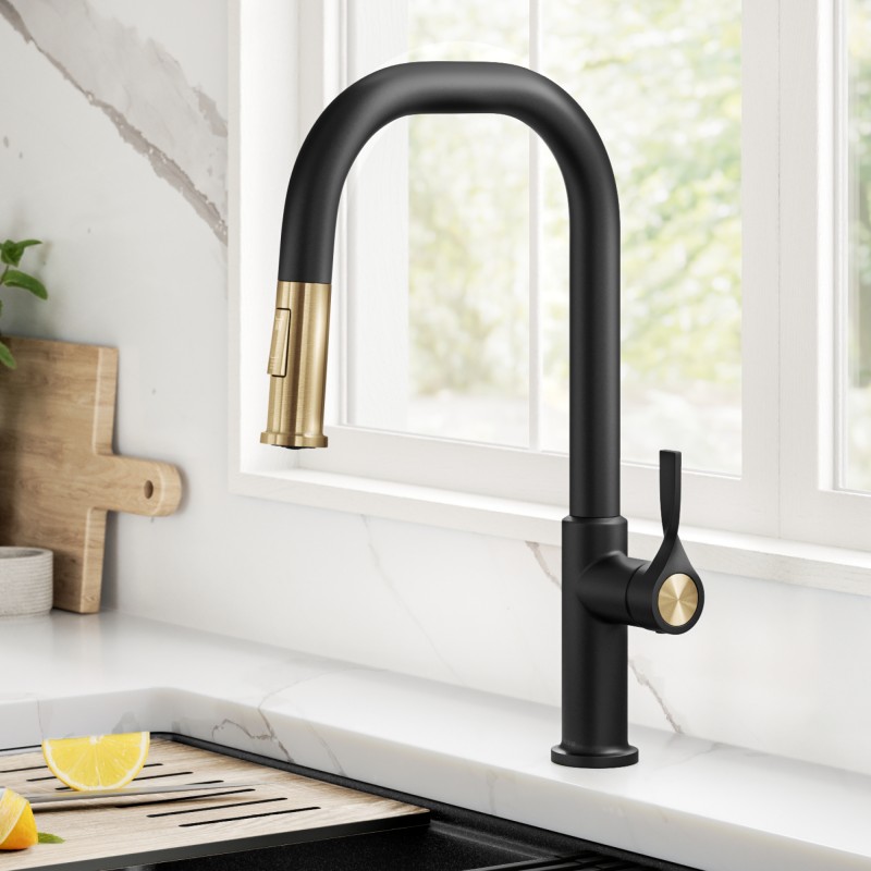 Torak™ 2-Function Single Handle Pull Down Kitchen Faucet in Spot-Free Brushed Brass / Matte Black