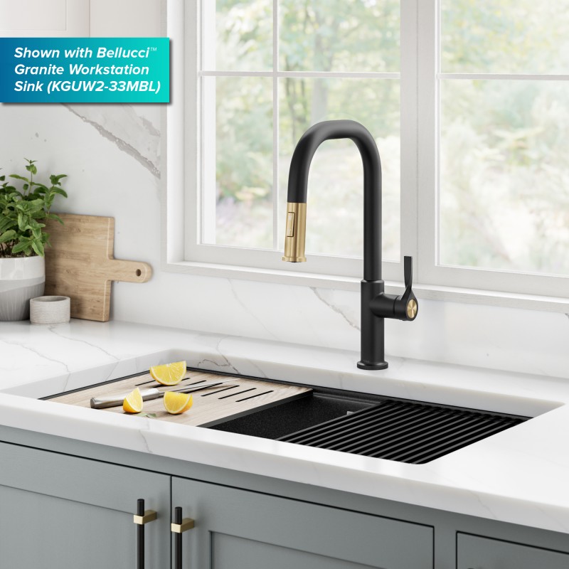 Torak™ 2-Function Single Handle Pull Down Kitchen Faucet in Spot-Free Brushed Brass / Matte Black