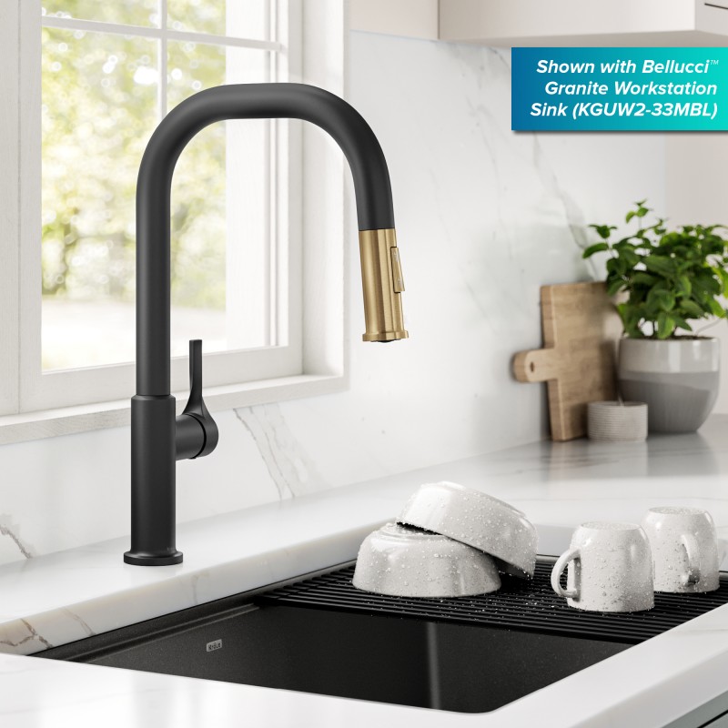 Torak™ 2-Function Single Handle Pull Down Kitchen Faucet in Spot-Free Brushed Brass / Matte Black