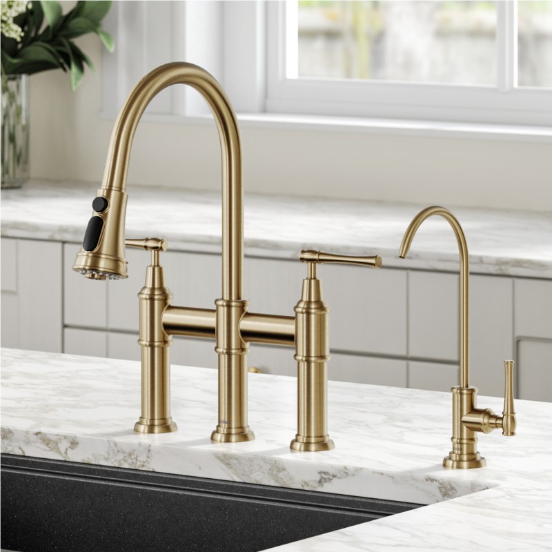 Allyn™ Transitional Bridge Kitchen Faucet and Water Filter Faucet Combo in Brushed Gold