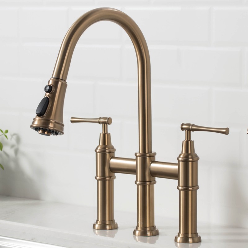 Allyn™ Transitional Bridge Kitchen Faucet with Pull-Down Sprayhead in Brushed Gold