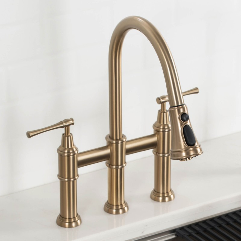 Allyn™ Transitional Bridge Kitchen Faucet with Pull-Down Sprayhead in Brushed Gold