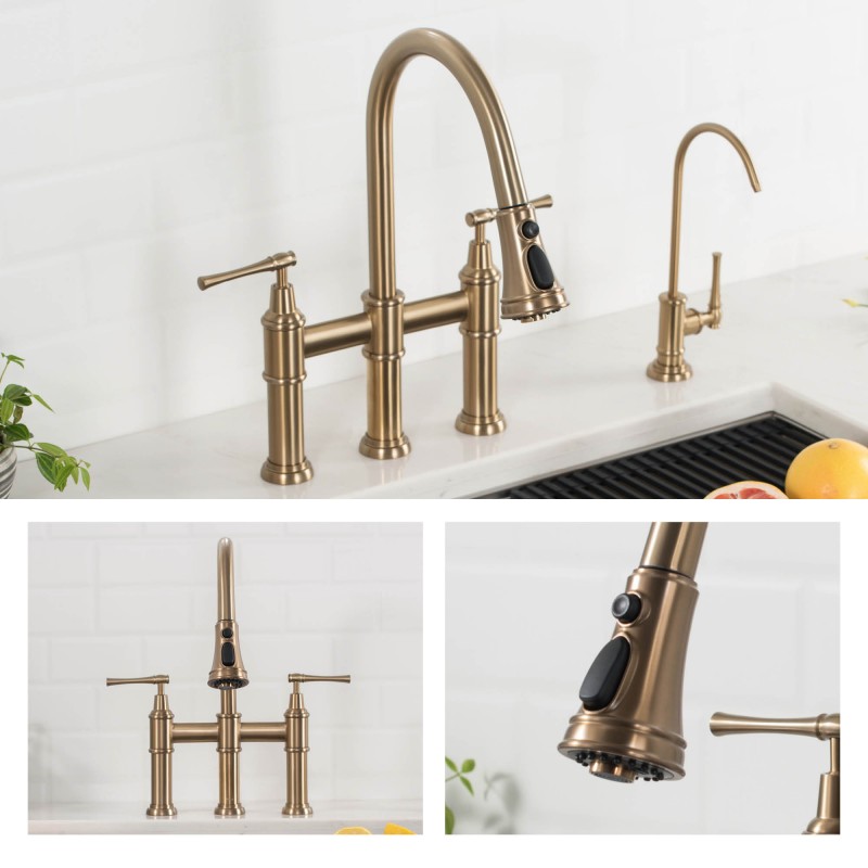 Allyn™ Transitional Bridge Kitchen Faucet with Pull-Down Sprayhead in Brushed Gold