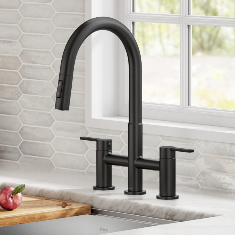 Oletto™ Bridge Kitchen Faucet with Pull-Down Sprayhead in Matte Black