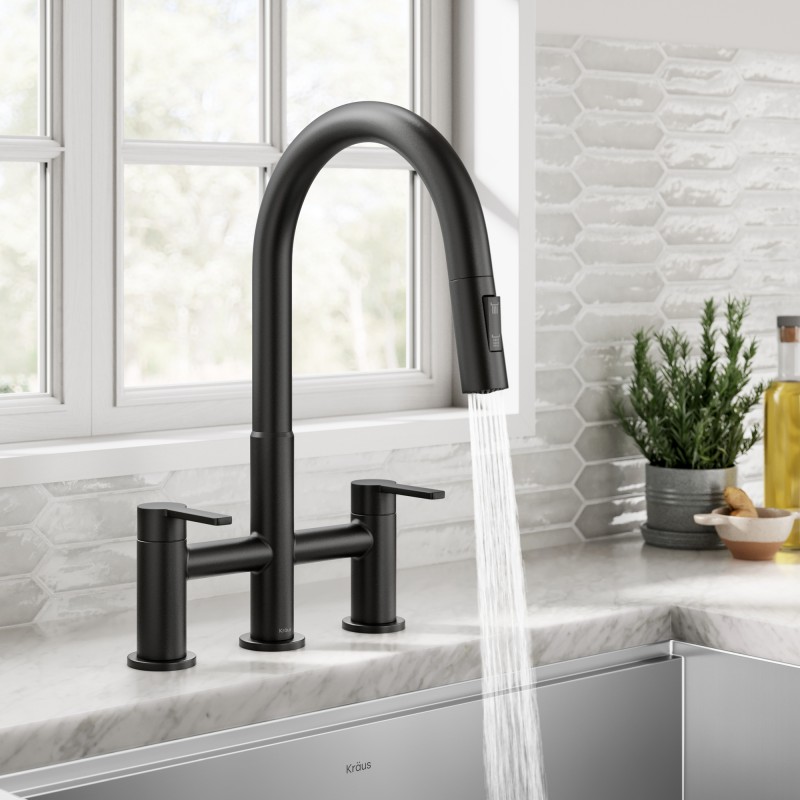 Oletto™ Bridge Kitchen Faucet with Pull-Down Sprayhead in Matte Black