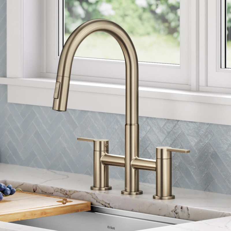 Oletto™ Bridge Kitchen Faucet with Pull-Down Sprayhead in Spot-Free Antique Champagne Bronze