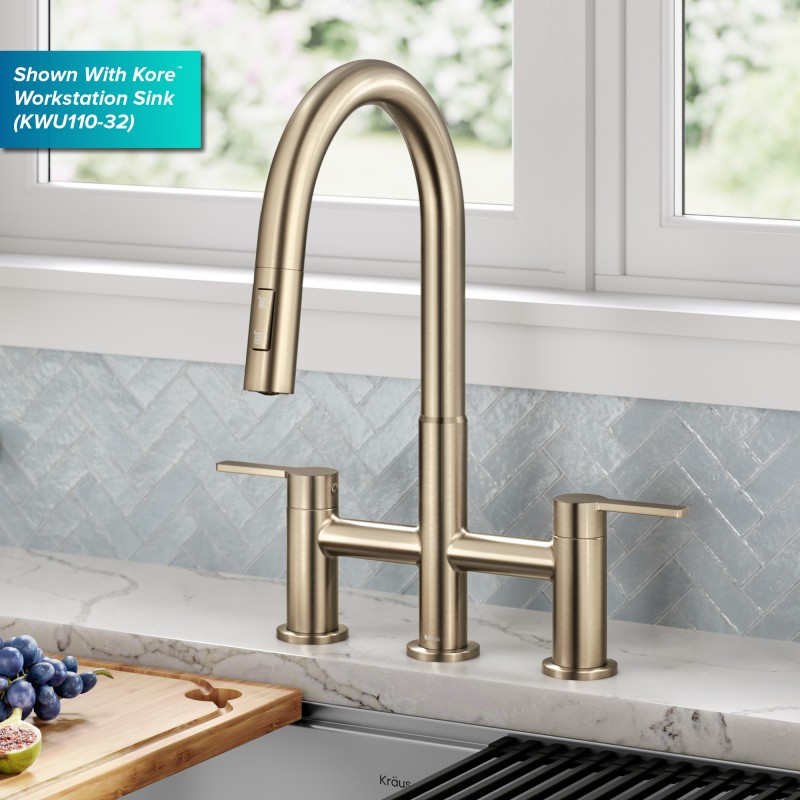 Oletto™ Bridge Kitchen Faucet with Pull-Down Sprayhead in Spot-Free Antique Champagne Bronze