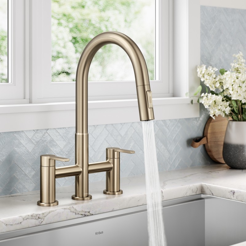 Oletto™ Bridge Kitchen Faucet with Pull-Down Sprayhead in Spot-Free Antique Champagne Bronze