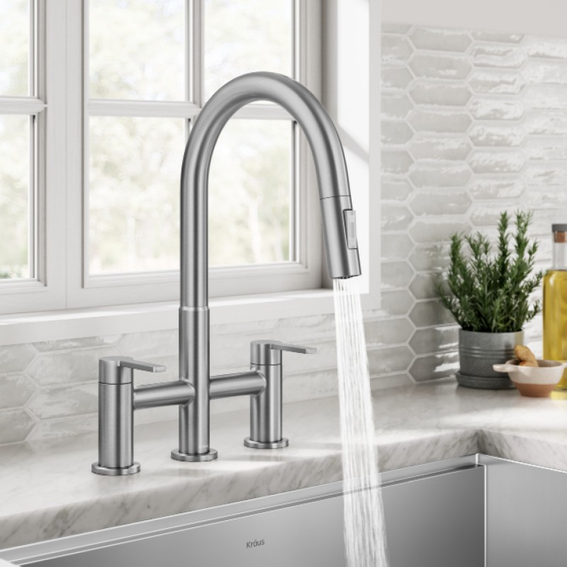 Oletto™ Bridge Kitchen Faucet with Pull-Down Sprayhead in Spot-Free Stainless Steel