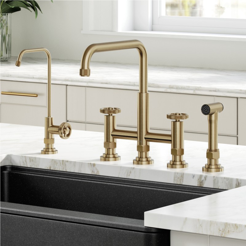 Urbix™ Industrial Bridge Kitchen Faucet and Water Filter Faucet Combo in Brushed Gold