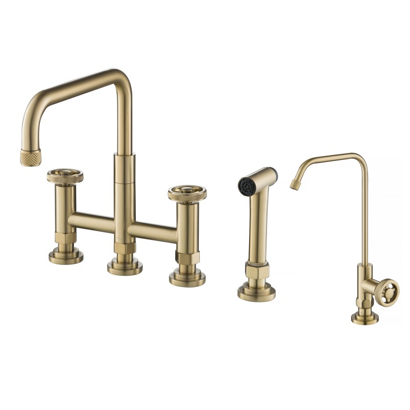 Urbix™ Industrial Bridge Kitchen Faucet and Water Filter Faucet Combo in Brushed Gold