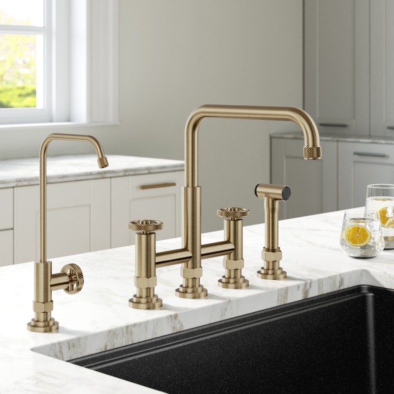 Urbix™ Industrial Bridge Kitchen Faucet and Water Filter Faucet Combo in Brushed Gold