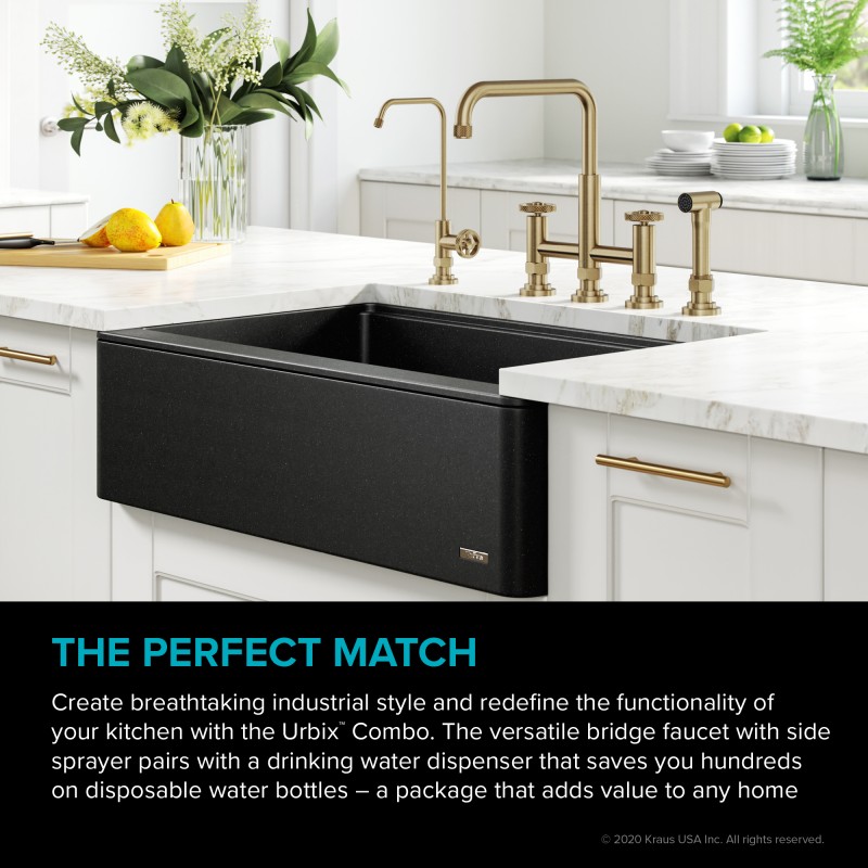 Urbix™ Industrial Bridge Kitchen Faucet and Water Filter Faucet Combo in Brushed Gold