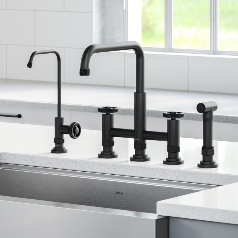 Urbix™ Industrial Bridge Kitchen Faucet and Water Filter Faucet Combo in Matte Black