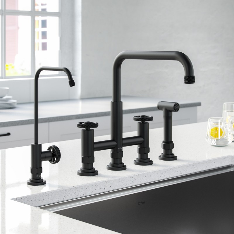 Urbix™ Industrial Bridge Kitchen Faucet and Water Filter Faucet Combo in Matte Black