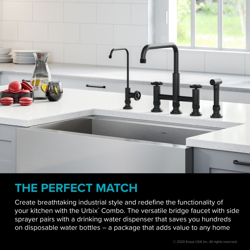Urbix™ Industrial Bridge Kitchen Faucet and Water Filter Faucet Combo in Matte Black