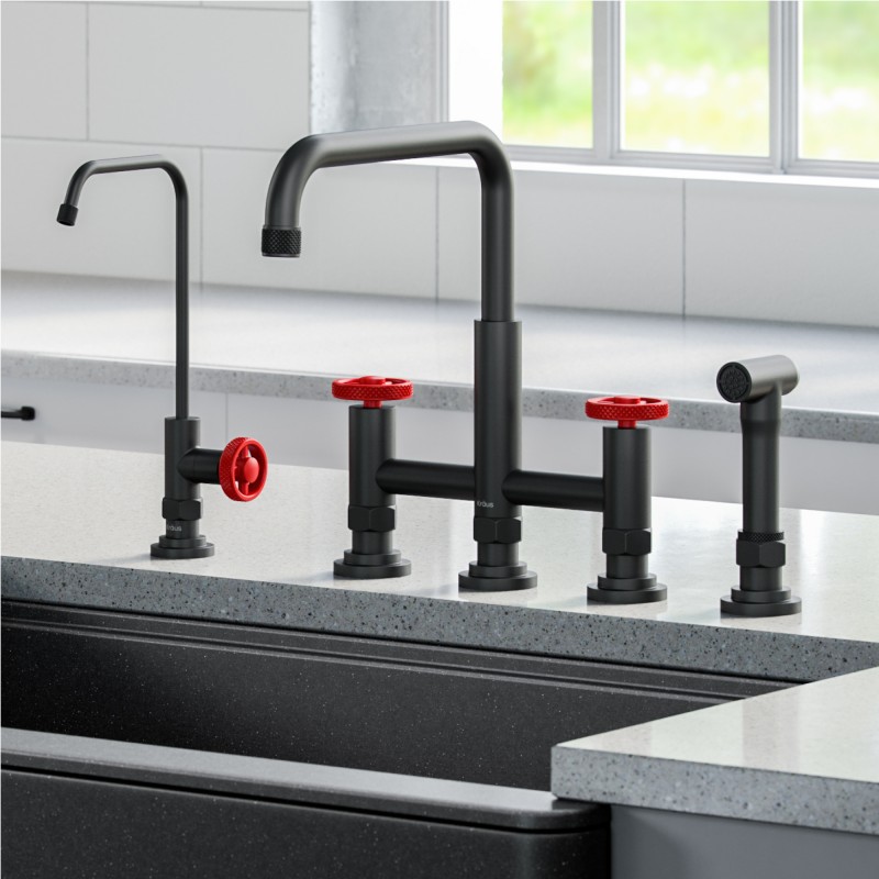 Urbix™ Industrial Bridge Kitchen Faucet and Water Filter Faucet Combo in Matte Black/Red