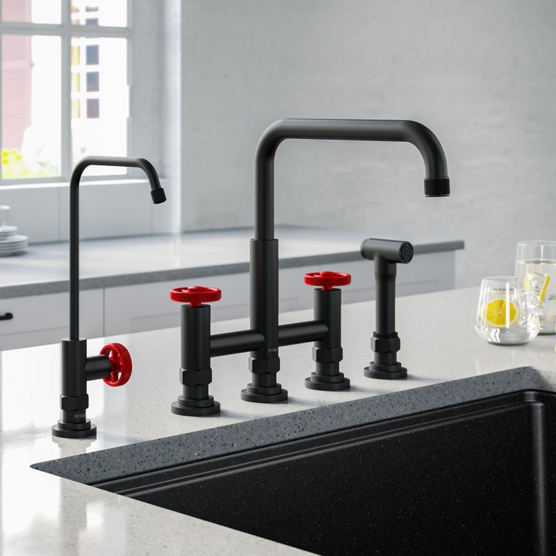 Urbix™ Industrial Bridge Kitchen Faucet and Water Filter Faucet Combo in Matte Black/Red