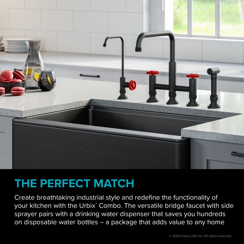 Urbix™ Industrial Bridge Kitchen Faucet and Water Filter Faucet Combo in Matte Black/Red